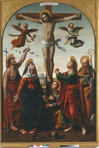 Keresztre feszítés Szűzanyával és Keresztelő Szent Jánossal, Szent Mária Magdolnával, Szent János evangélistával és Szent Ágostonnal