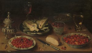 Csendélet articsókával, gyümölcs Kraak porcelánedényben, sópince/borsos ricinus alkotó: Osias Beert (I)