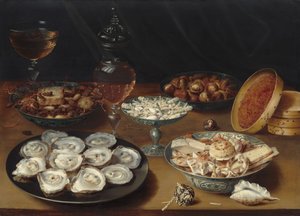Ételek osztrigával, gyümölccsel és borral, c. 16201625. alkotó: Osias Beert the Elder