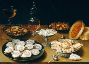 Ételek osztrigával, gyümölccsel és borral, 1620-25 körül (olaj, lemez) alkotó: Osias the Elder Beert