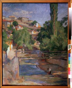 ""Táj híddal és folyóval"" Osip Emmanuilovich Braz (1872-1936) festménye, 1912-es Állami Művészeti Múzeum, Tomszk