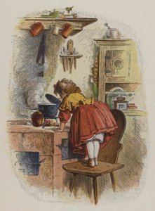 Kislány a tűzhelyen lévő serpenyőbe néz (színes litó)