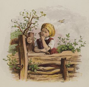 Töprengő lány egy kerítésre támaszkodva (színes litó)