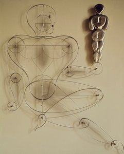 Homo, drótfigura hátulnézeti figurával a kezében alkotó: Oskar Schlemmer