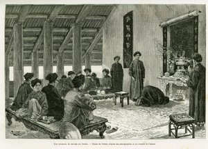 Esküvői szertartás Tonkinban. Tofani metszet a Trente mois au Tonkin című történetének illusztrálására, 1884-ben, Dr. Paul Hocquard, in le tour du monde 1890, Edouard Charton (1807-1890) irányításával, Hachette, Párizs. alkotó: Oswaldo Tofani