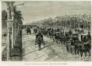 Buenos Aires, Sarmiento sugárút, Három Február Park. Tofani metszet, a Voyage a la Plata című történet illusztrálására 1886-ban, Emile Daireaux, in le tour du monde 1888, rendező: Edouard Charton (1807-1890), Hachette, Párizs. alkotó: Oswaldo Tofani