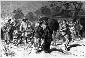 Dr. Piassetzky Kínába utazik, mindig kínaiak kísérik. Metszet Tofani rajza nyomán, a „Le Tour du Monde, Nouveau Journal des Voyages” című kiadványban, szerkesztette Edouard Charton, Párizs alkotó: Oswaldo Tofani