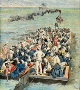 A madagaszkári expedíció sebesültjeinek beszállása a hajókórházba 1896-ban (metszet) alkotó: Oswaldo Tofani