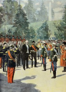 Felix Faure-t Miklós 2. üdvözli Péterváron 1897-ben (metszet) alkotó: Oswaldo Tofani