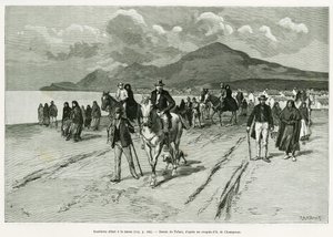 A szigetlakók misére mennek. Tofani metszet a Három hónap Írországban történet illusztrálására, 1889-ben, Marie anne de Bovet, in le tour du monde 1890, rendező: Edouard Charton (1807-1890), Hachette, Párizs. alkotó: Oswaldo Tofani