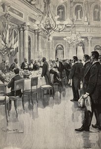 Olasz diplomaták közös koccintással, Párizs, Franciaország, metszet Gennaro Amato rajzából, Osvaldo Tofani vázlatából, L