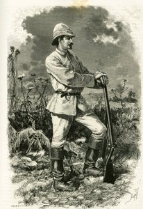 Dr. Emile Holub portréja, felfedezőruhában, Tofani metszetével, az „Au pays des Marutses” című történet illusztrálására, Dr. Emile Holub (1847-1902) 1875-1879-ben. Megjelent a Tour du monde-ban, 1883. 2. félév, szerkesztette: Edouard Charton (1807-1890) alkotó: Oswaldo Tofani