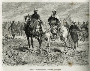 Az expedíció szpáhii kíséretében. Tofani metszete a Haut Nigerben végzett felfedezés történetének illusztrálására, Gallieni parancsnoktól, a tengerészgyalogság 1880-1881-ben, megjelent a Tour du monde-ban, Edouard Charton (1807-1890) irányítása alatt. alkotó: Oswaldo Tofani