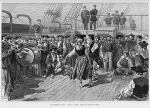 Az emigránsok a fedélzeten. Tofani metszet a Voyage a la Plata című történet illusztrálására, Emile Blaireaux három hónapos vakációja 1886-ban, a tour du monde 1887-ben, Edouard Charton (1807-1890) irányításával, Hachette, Párizs. alkotó: Oswaldo Tofani