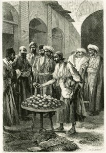 A halászkereskedő Kachanban (vagy Kashanban, Teherán tartományban, a mai Iránban). Tofani metszet, fényképről, Jane Dieulafoy (szül. Magre) „Persia, Chaldee és Susiane” című történetének illusztrálására 1881-1882 között