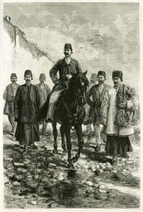 Kachan (vagy Kashan, Teherán tartományban, a mai Iránban) kormányzója fekete lovon ül, a lakosztálya pedig gyalog. Tofani metszete fényképről, Jane Dieulafoy (szül. Ma) „Persia, Chaldee és Susiane” című történetének illusztrálására 1881-1882 között alkotó: Oswaldo Tofani