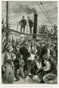 A hajó fedélzete. Tofani metszet a Voyage en Thessalie című történet illusztrálására 1882-ben, Paul Monceaux, in le tour du monde 1887, rendező: Edouard Charton (1807-1890), Hachette, Párizs. alkotó: Oswaldo Tofani