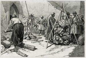 A poggyász mérlegelése a Delafoy Menyasszonyi Expedíció indulása előtt. Tofani metszet a „Persia, Chaldee és Susiane” történet illusztrálására alkotó: Oswaldo Tofani