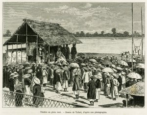 Színház a szélben. Tofani metszet, fénykép után, a Trente mois au Tonkin című történet illusztrálására 1884-ben, Dr. Paul Hocquard in le tour du monde 1890, Edouard Charton (1807-1890) irányításával, Hachette, Párizs. alkotó: Oswaldo Tofani