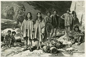 Az ecuadori cordilleres indiánok típusai, bal oldalon, háttérben Nanegal Yumbos, előtérben Lojanos, középen Zaparos pár, jobb oldalon Jivaros harcosok. Tofani metszet, dokumentumok alapján, a stor illusztrálására alkotó: Oswaldo Tofani