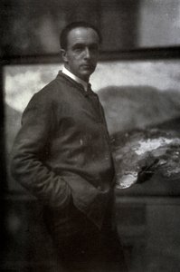 Cesare Maggi háromnegyed hosszúságú portréja. A smokettbe öltözött festő bal kezében palettát tart. A háttérben a vászon, amelyen dolgozik