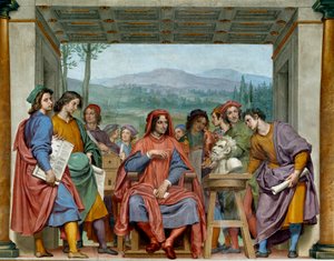 Laurent de Medici (1449-1492) (Laurent the Magnificent: Lorenzo il Magnifico) a firenzei művészek közepette ül Michelangelo (Michelangelo, Michel Ange) faunájának egy fejét csodálja. Ottavio Vannini (1585-1643) freskója. 1635 körülbelül Sala