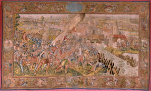 Flamand kárpit. Albert főherceg diadalai és csatái sorozat. Meglepetés Calais-ban (La sorpresa de Calais). A sorozat első gobelinje. Otto van Veen modell és Hans I Snellinck. Gyártás Martin Reynbouts, Bruselas. 1597-1599. Szövet Arany, ezüst, si