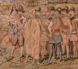 Flamand kárpit. Albert főherceg diadalai és csatái sorozat. Hulst városának elfoglalása (Toma de la Plaza de Hulst). A sorozat hetedik kárpitja. Otto van Veen modell és Hans I Snellinck. Gyártás Martin Reynbouts, Brüsszel alkotó: Otto van Veen