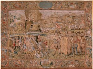 Flamand kárpit. Albert főherceg diadalai és csatái sorozat. Hulst városának elfoglalása (Toma de la Plaza de Hulst). A sorozat hetedik kárpitja. Otto van Veen modell és Hans I Snellinck. Gyártás Martin Reynbouts, Brüsszel alkotó: Otto van Veen