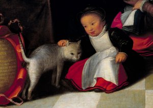 A művész és családja A macskát és a gyermeket ábrázoló részlet. Octavius Van Veen (1556-1629) festménye