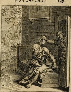 Xanthippe egy kamraedényt ürít Szókratész fölött. Az Emblemata Horatiana-ból, 1607