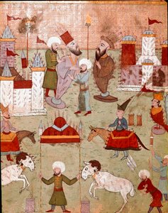 II. Murád (Murat) oszmán szultán fiának (1404-1451) körülmetélése alkalmából rendezett ünnepségek, tűzijátékok előkészítése 16. századi miniatűr Isztambul, Topkapi Sarayi Múzeum Könyvtára alkotó: Ottoman School