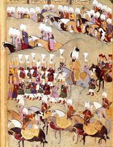 Oszmán Birodalom: II. Murád (Murat) (1404-1451) oszmán szultán és Armee ábrázolása Perzsia inváziója idején””” Kéziratos miniatűr ms. FY 1404 „” Sehinsahname”” (vagy Shahinshah-nameh vagy Shahinshah-nameh, Shahinshah nama, Shahinshah nameh) alkotó: Ottoman School