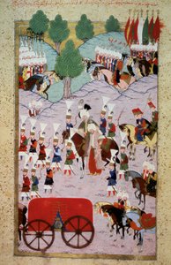 Oszmán Birodalom: Szolimán szultán (Szulejmán) ábrázolása Azt mondtam, a csodálatos (1520-1566) és a hadserege. Miniatűr a Lokman „Hunername”-ből, vol. 1 (H 1523, f.7) 1584 Topkapi Sarayi Múzeumi Könyvtár Isztambul alkotó: Ottoman School