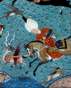 II. Murád (Murat) szultán (1404-1451) szarvasra és nyúlra vadászó udvaroncainak ábrázolása. 17. századi miniatűr. Isztambul, Topkapi Sarayi Múzeum könyvtára alkotó: Ottoman School