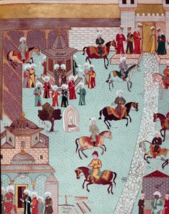 Kilátás a Szent Irén templomra (Szent Irén), a Serail kapujára és a konstantinápolyi szultáni palotára Miniatűr a 17. században. Topkapi Sarayi Istanbul alkotó: Ottoman School
