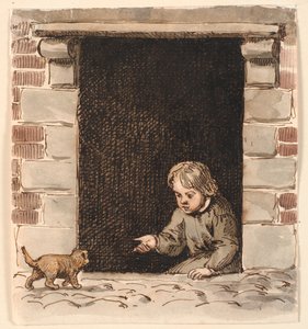 A pinceajtóban ülő fiú egy kiskutyát int. alkotó: P.C. Skovgaard