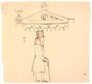 Egy prémes úriember karikatúrája a Kaszinó előtt. alkotó: P.C. Skovgaard
