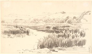 Táj egy patakkal, melynek szélességében magas nádas nő. Háttérben dombok. Valószínűleg Vejle alkotó: P.C. Skovgaard