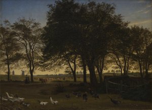 Buli Iselingenben. A háttérben a Vordingborg-templom és a Liba-torony. Szeptember este alkotó: P.C. Skovgaard