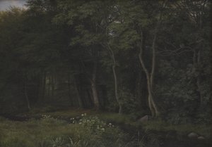 Alkonyat egy erdőben, közel az Iselingeni kastélyhoz, Zélandon alkotó: P.C. Skovgaard