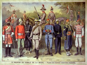 Angol gyarmati seregek a megfelelő egyenruhájukban Viktória királynő jubileumának ünneplésére, 1883. június 21., illusztráció a „Le Petit Journal”, 1899-ből