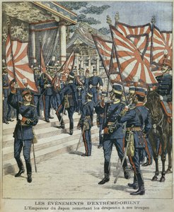 Ő Császári Felsége, Mutsuhito, Japán császára, zászlókat adva csapatainak, illusztráció a „Le Petit Journal: Supplement illustre” című folyóiratból, 1904. március 6.