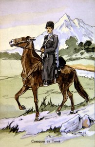 Terek kozákot ábrázoló képeslap, 1914 körül (színes litó) alkotó: P. (after) Dmitroff