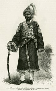 Jang Bahadur (1816-1877), Nepál miniszterelnöke. P.Sellier metszete a Utazás a nepáliban című történet illusztrálására, Dr. Gustave Le Bon (1841-1931), in le tour du monde 1886, rendező: Edouard Charton (1807-1890), Hachette, Párizs. alkotó: P. (after) Sellier