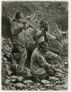 A bányászok szenet vonnak ki a vénába. Ferat metszet a „Belgium” történet illusztrálására, Camille Lemonnier (1844-1913) belga író. Megjelent a Le Tour du monde, nouveau Journal des voyages, 1884. évi 2. félévben, szerkesztette Edouard Charton (1807- alkotó: P. Ferat