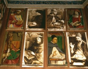 Federigo da Montefeltro, Urbino hercegének tanulmánya az óramutató járásával megegyező irányban a TL-ből: Megara Euklides, görög filozófus (Kr. e. 450-374); Vittorino da Feltre, olasz pedagógus (1378-1446); Solon, az athéni törvényhozás alkotó: P. Joos van Gent and Berruguete