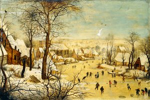 Egy falu télen madárcsapdával és korcsolyázókkal a befagyott vízi úton, alkotó: P. the Younger Brueghel