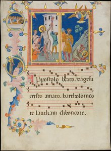 Kéziratos levél Szent Bertalan mártíromságával, egy Laudario-ból, kb. 1340.
