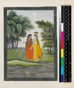 Krishna és Radha a Jumna mellett sétálnak a holdfényben, ruhát cserélve, a „Bhagavata purana”-ból, Kangra, Himachal Pradesh, 1820 körül
